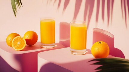 Fototapeta premium Modern still life with citrus, orange juice and oranges on stand and podiums on pink background
