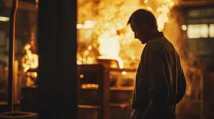 Obraz premium Silhouetted Figure in a Fiery Industrial Setting