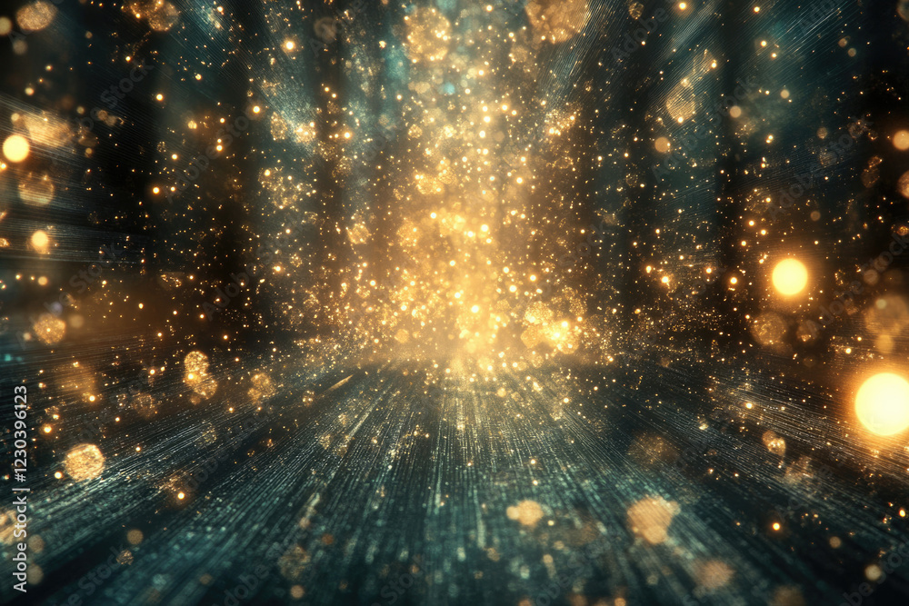 Poster A mesmerizing display of golden and teal glitter, creating a radiant and sparkling background.
