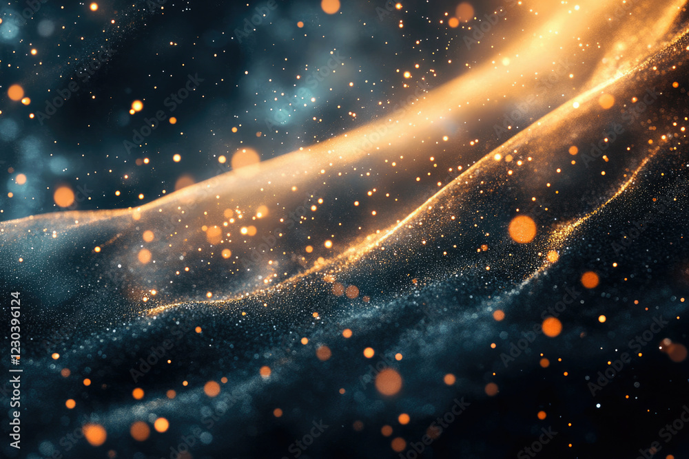 Poster Abstract dark background with glittering particles and bokeh lights, creating a cosmic, dreamy atmosphere.