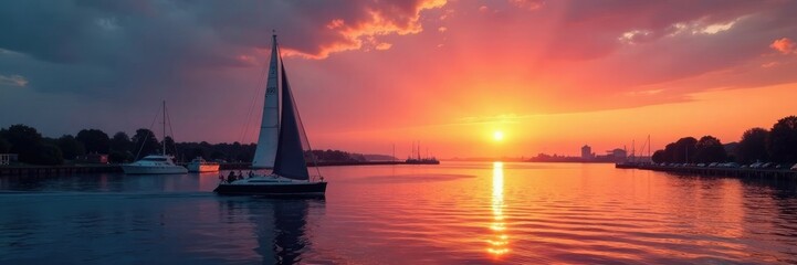 Fototapeta premium Sailboat at sunset approaching the entrance to Bremerhaven's harbor in Geeste estuary, boats, water, sea