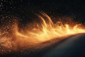 Fototapeta premium Golden particles swirling and scattering across a dark surface, creating a magical, ethereal effect.