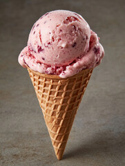 Delicious strawberry ice cream in a waffle cone