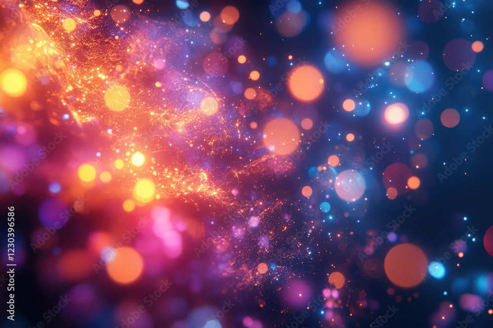 Poster Abstract cosmic nebula with vibrant, glowing particles and bokeh effect, creating a dreamy, ethereal scene.