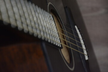 Black guitar zoom in with strings