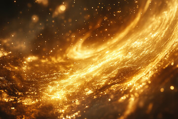 Obraz premium Golden cosmic swirl with glittering particles and bokeh effects, creating a luxurious and celestial abstract background.