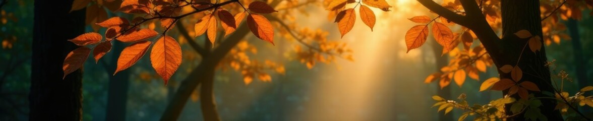 Fototapeta premium Shimmering leaves on trees illuminated by soft glow, nature, serene, shimmering