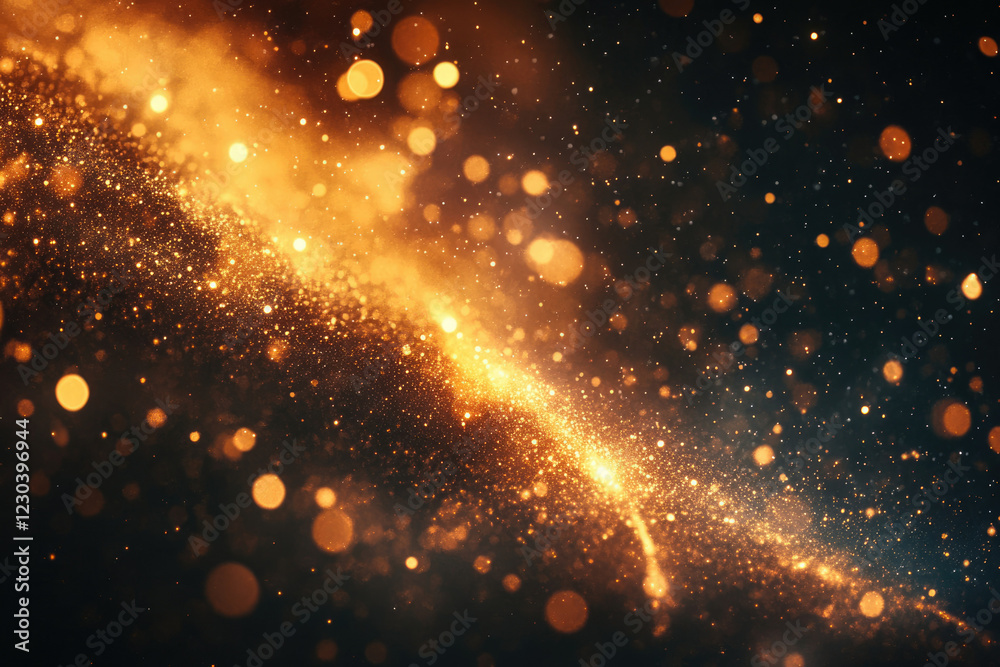 Poster a mesmerizing cosmic dust trail, glowing with golden sparks and bokeh, creating a magical, celestial