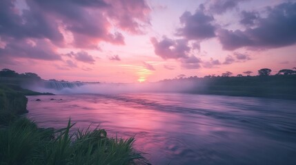 Fototapeta premium Pink sunset over waterfall, river flows, lush vegetation