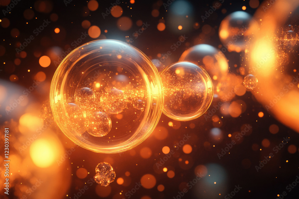 Aufkleber Glowing orange bubbles with inner sparkles float in dark space, creating an abstract and vibrant scene.