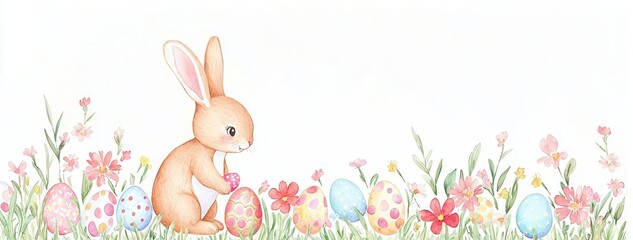 A cute bunny decorating colorful Easter eggs in a flower garden.