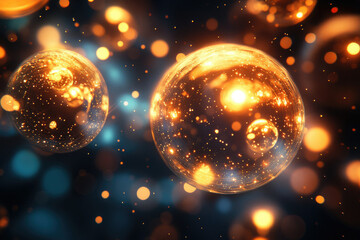 Obraz premium Glowing orbs, sparkling with inner light, float in a dark space, surrounded by bokeh lights.