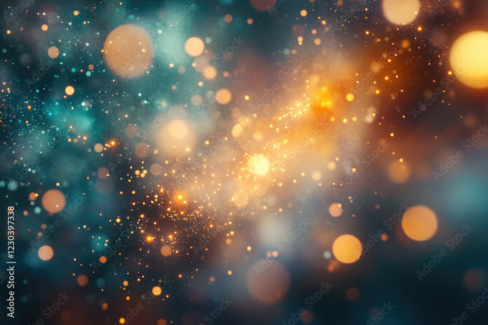Poster abstract bokeh background with teal and gold lights, sparkling dust and blurry circles.