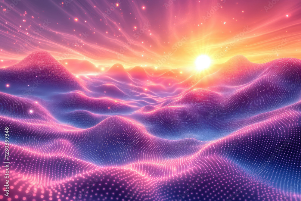 Aufkleber Sunset over a vibrant, glowing, particle-based landscape; a digital art rendering of a dreamlike scene.