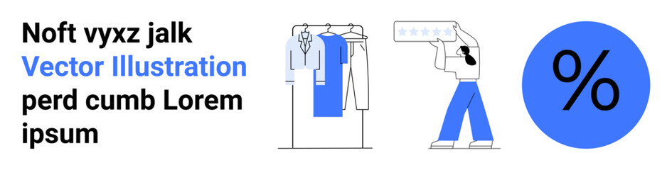 Clothing rack with garments, a customer holding and reviewing a garment on a hanger, and a big percentage sign indicating discount. Ideal for retail, ecommerce, fashion promotion, sales events