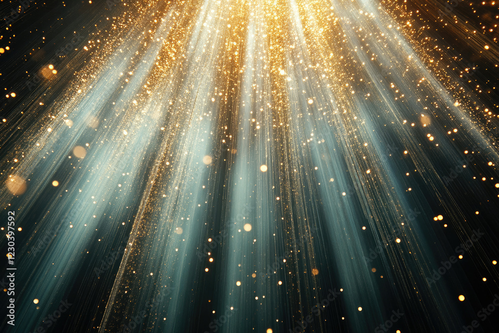 Poster golden glitter rain falling from above on a dark background, creating a magical and festive atmosphe