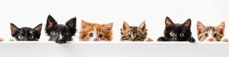 Adorable Kittens and Puppy Peeking Over a White Surface