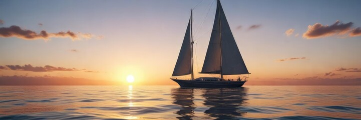 Fototapeta premium Sailing yacht sailing through calm waters under a bright blue sky with a stunning sunset in the background, ocean, nautical, sailing yacht