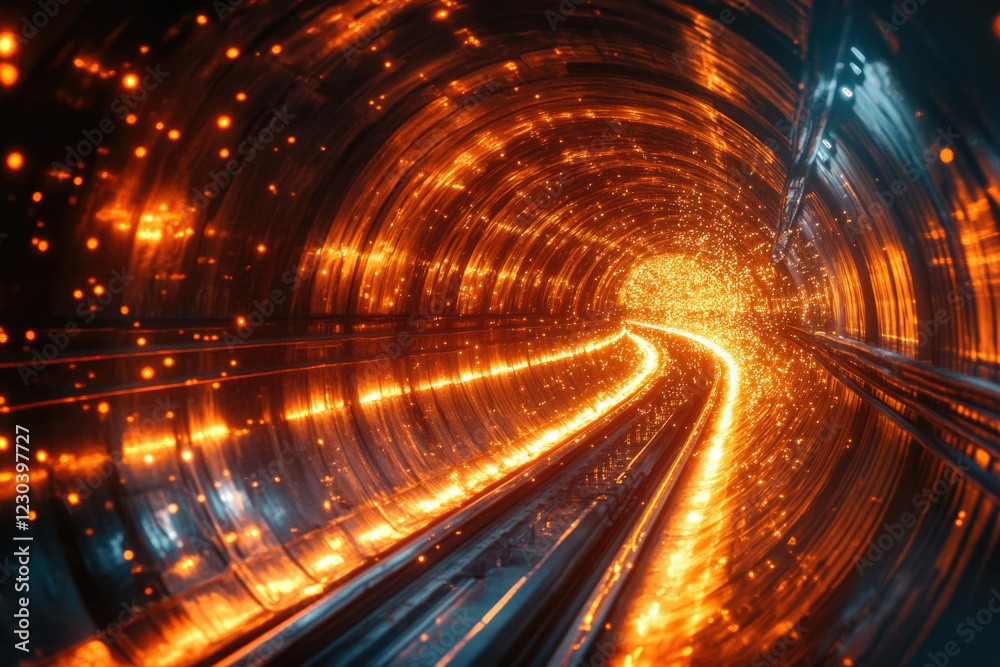 Poster a futuristic tunnel glowing with vibrant orange sparks, creating a mesmerizing and otherworldly effe