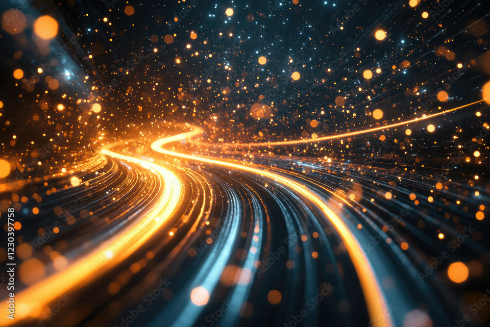 Poster Glowing trails of light and particles curve through a dark space, creating a dynamic and energetic visual.
