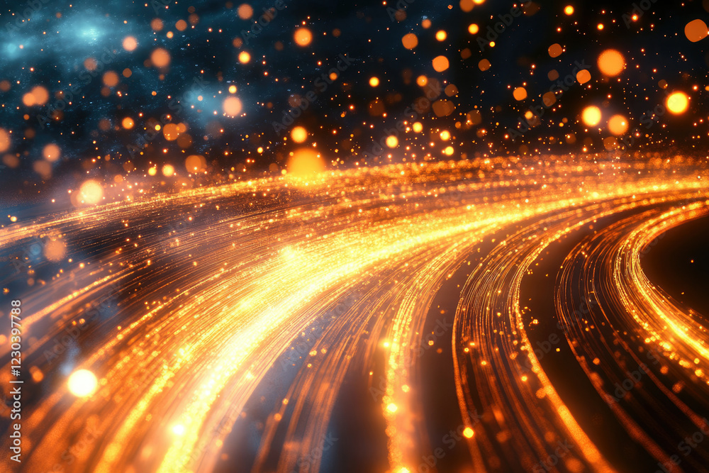 Poster Abstract glowing golden trails and particles swirling in dark space, creating a cosmic, futuristic effect.