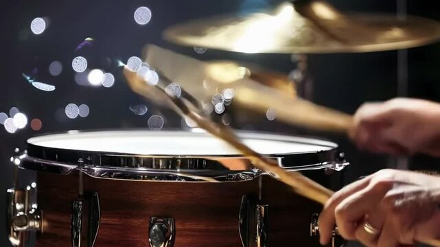 A hand hitting a snare drum with a wooden drumstick, the cymbals shimmering in the background