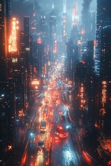 Fototapeta premium Futuristic cityscape at night with vibrant neon lights illuminating busy streets