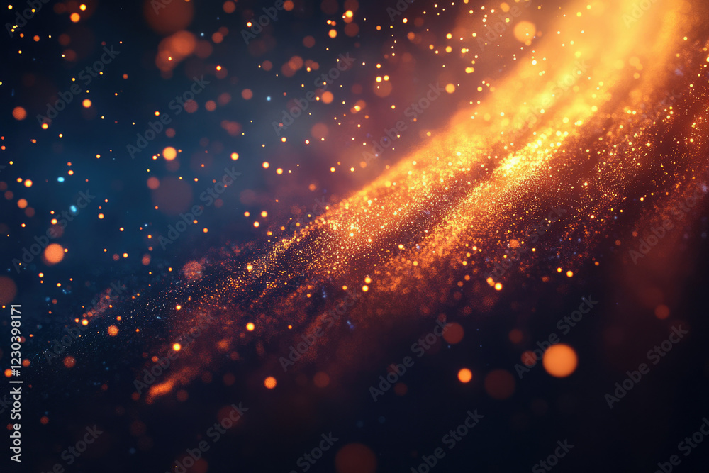 Poster abstract image of glowing particles, resembling cosmic dust or glittering waves in a dark, vibrant b