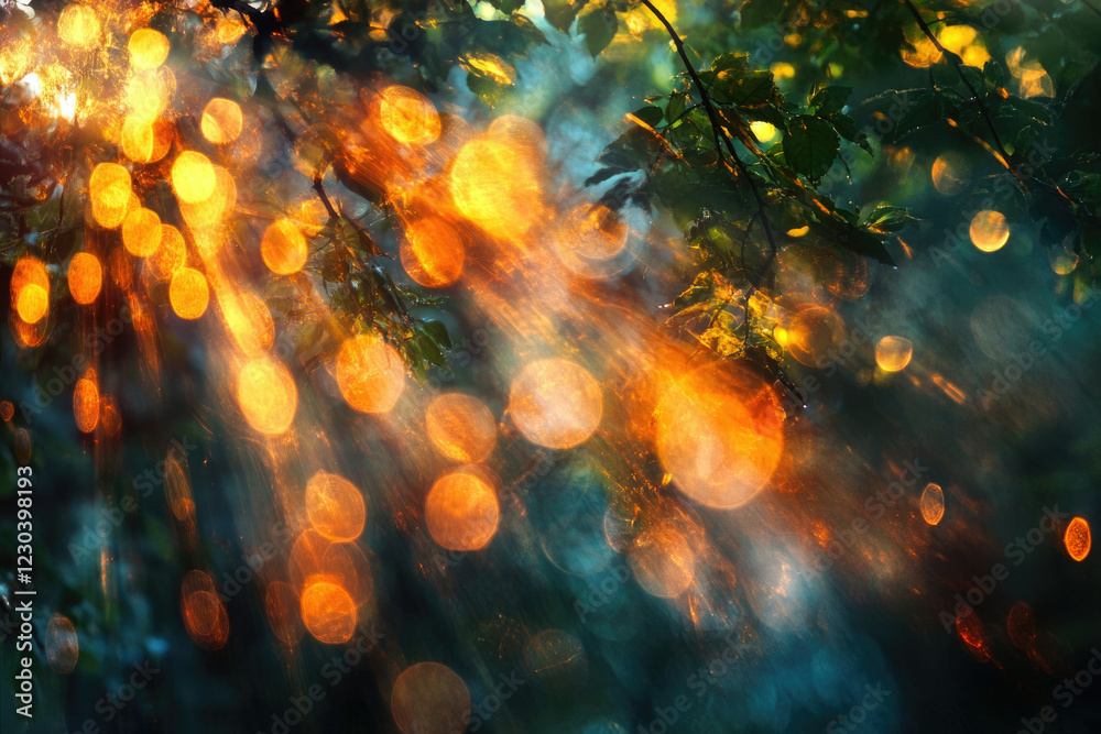 Poster sunbeams filtering through lush green leaves create a magical bokeh effect, nature's light show.