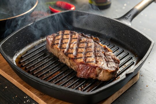 Searing hot grill pan with a perfectly grilled steak cooked to desired doneness, searing surface, outdoor cooking method, hot grill pan