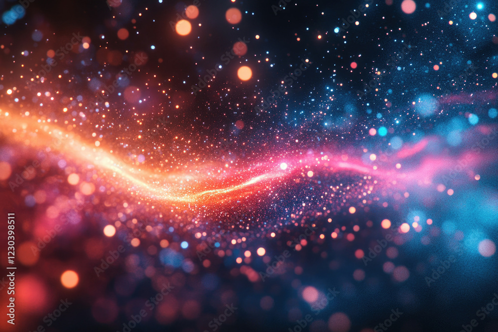 Poster abstract cosmic background with vibrant, glowing particles and a wave of light.
