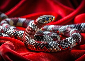 Obraz premium Red & Black Diamond Snake on Red Velvet Cloth - High-Resolution Stock Photo