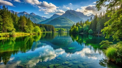 Fototapeta premium Serene lake with calm water and surrounding mountains covered in lush vegetation, peaceful, lake, serene