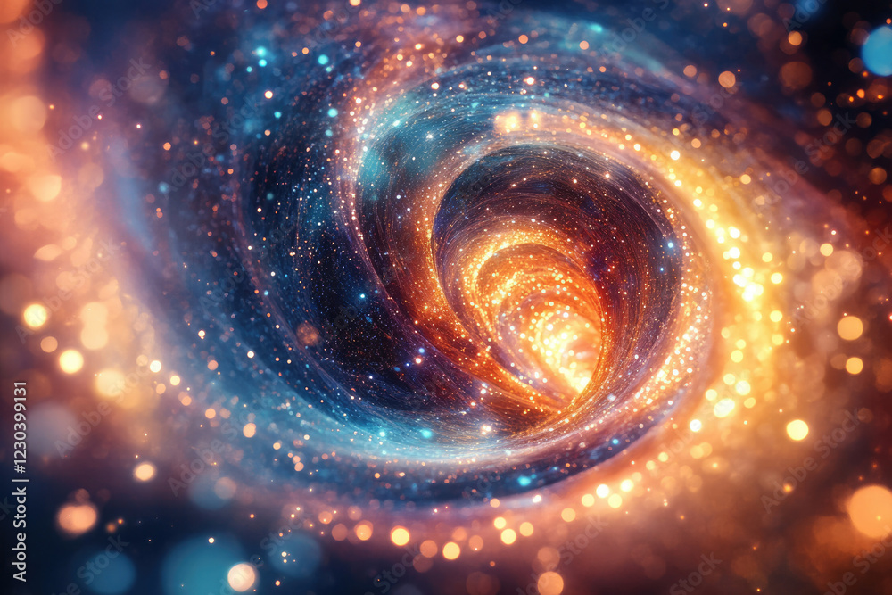 Poster a mesmerizing cosmic swirl of vibrant colors and glittering particles, resembling a celestial vortex