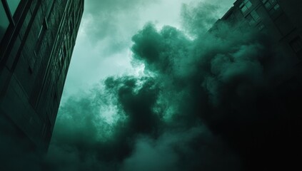 Enigmatic Urban Atmosphere: A City Submerged in Mysterious Green Haze