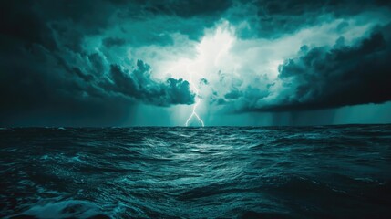 Dramatic nature background - lightnings in dark sky, stormy sea, big waves. High quality photo
