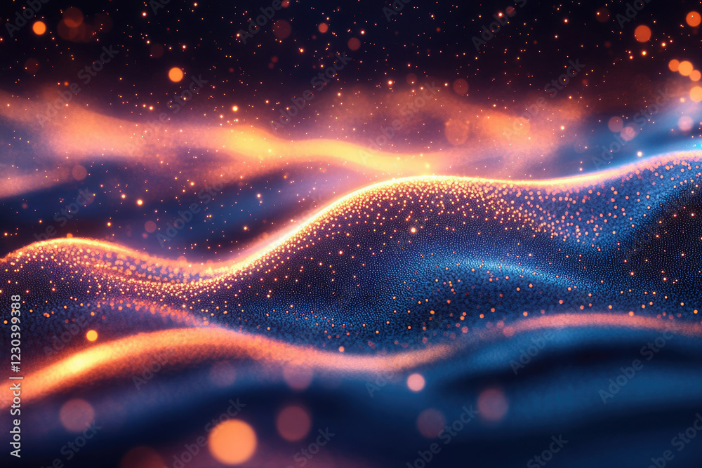 Poster glowing particles form abstract wavy landscape with orange and blue hues, creating a mesmerizing cos
