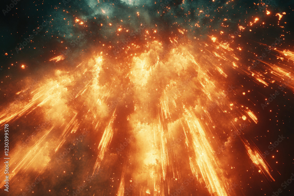 Poster Fiery meteor shower explodes in a cosmic display of incandescent streaks and smoky clouds.