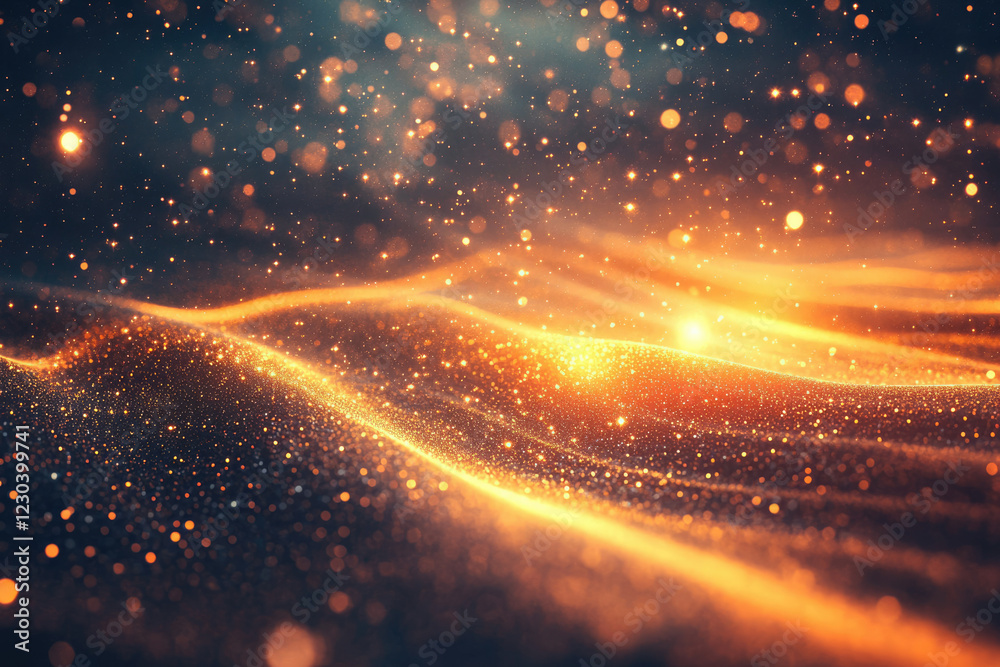 Poster golden glittering waves under a dark sky, illuminated by warm light, creating a magical, celestial s