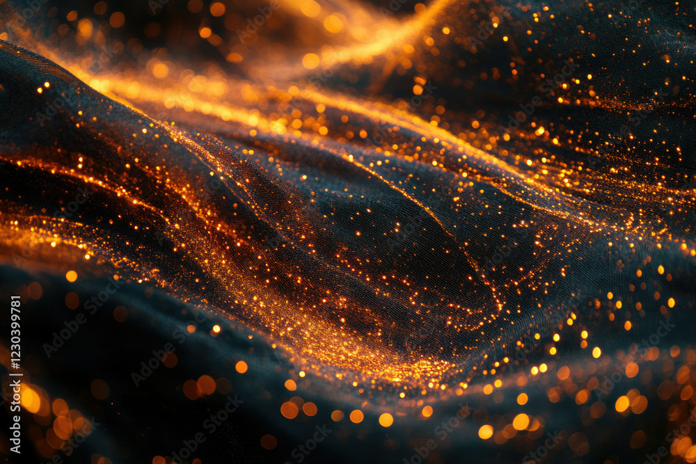 Poster dark fabric with glittering orange sparkles, creating a luxurious and glamorous texture.