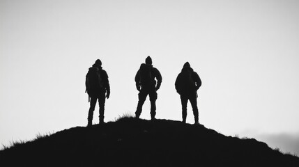 Three hikers silhouetted on a hilltop, viewing the landscape.