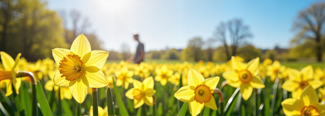 Fototapeta premium Man walking among blooming yellow daffodils in sunny park