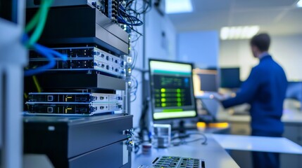 Advanced 5G mobile network testing facility, hi-tech laboratory with network equipment and engineers, 5G Technology style