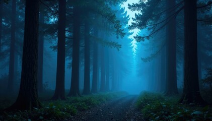 Obraz premium A lone blue spotlight shines through the trees in a dense forest, isolated, secluded, dense forest