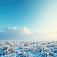 A light dusting of snow on the ground under a vast cloudy blue sky, quiet morning, cloudy sky