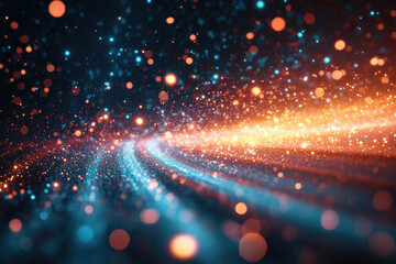 Obraz premium Abstract cosmic scene with swirling teal and orange glittering particles, creating a dynamic, energetic, and magical visual effect.