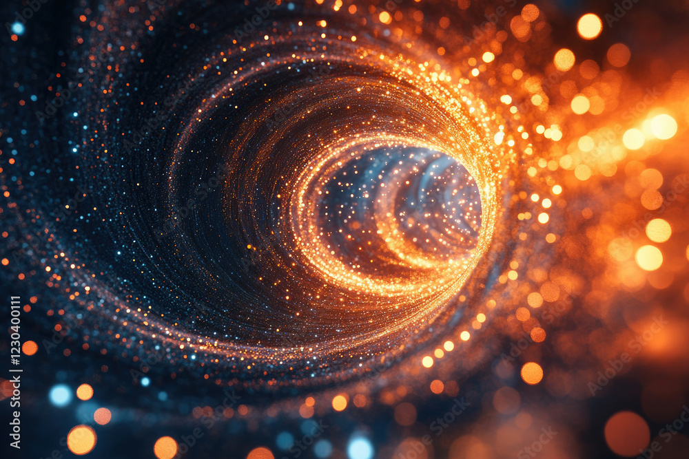 Poster A swirling vortex of glittering particles, luminous orange and blue, creating a mesmerizing cosmic tunnel.