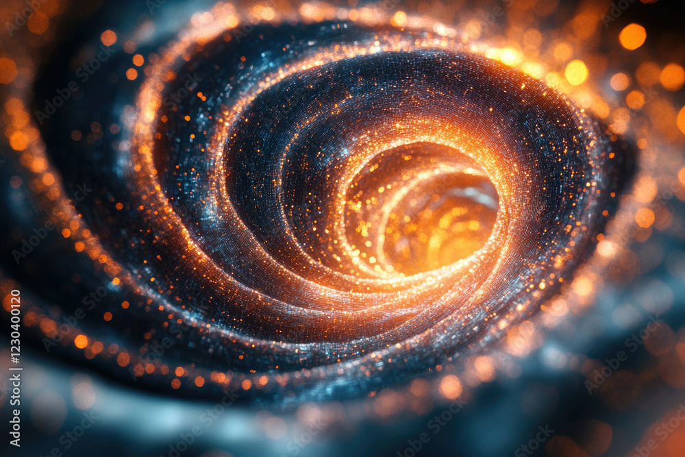 Poster glowing swirling vortex of light and particles, abstract cosmic tunnel.