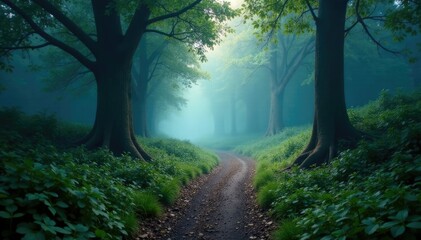 Obraz premium A misty forest trail winding its way through ancient trees, path, blue