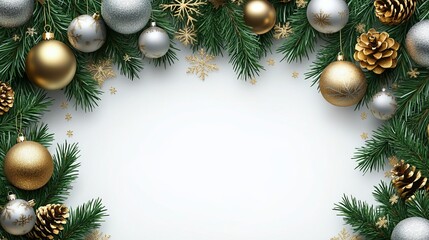 Festive Christmas Background Featuring Lush Fir Branches Adorned with Shimmering Gold and Silver Ornaments Creating a Warm and Joyful Atmosphere Perfect for Holiday Celebrations